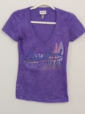 Ron Jon Surf Shop Y2K Cocoa Beach Purple V-Neck Graphic Fitted Burnout Tee S